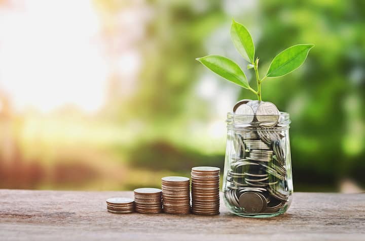 Plant,Growing,On,Coins,Glass,Jar,And,Concept,Money,Saving in